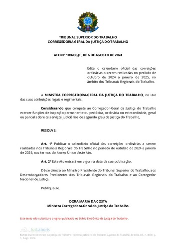 Ato n. 10/GCGJT, de 6 de agosto de 2024